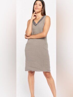 Lina Tomei Beaded V-Neck Sleeveless Linen Dress in Taupe, M